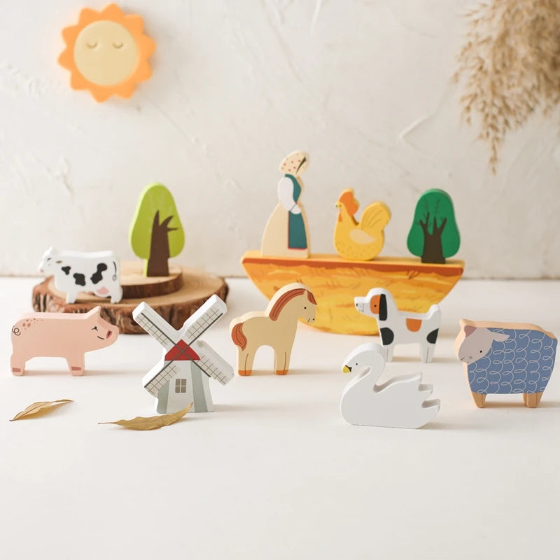 Jeu Animaux de la Ferme en bois coloré, parfait pour les enfants de tous âges, disponible chez NoEnName_Null.