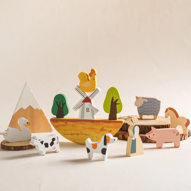 Jeu Animaux de la Ferme en bois, parfait pour les enfants de 4 à 12 ans, disponible chez NoEnName_Null.